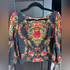 Camilla Black Floral Silk Blouse with Red and Green Accents